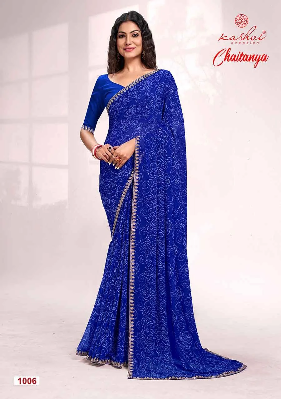 Kashvi Creation Chaitanya Bandhej Georgette Wholesale Sarees Catalog — Wholesale Sarees, Kashvi Creation wholesale from Surat - Gallery Image 6